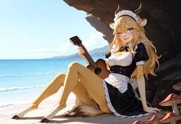5_fingers anthro beach biped blonde_hair blue_eyes blush breasts clothed clothing cloud cloven_hooves day detailed_background dress female fingers fungus fur guitar hair holding_object hooves horn lolita_(fashion) long_hair looking_at_viewer maid_uniform markings mushroom musical_instrument one_eye_closed open_mouth outside plucked_string_instrument sand sea seaside sitting sitting_on_ground sky smile solo string_instrument tail tongue tongue_out tuft uniform upskirt water wink yellow_body yellow_fur crashbandit cervid mammal comfyui_(software) digital_media_(artwork) nai-diffusion-4-full_(model) novaflatxl_(model) prompt_metainfo shaded