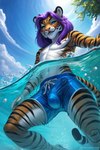 anthro bottomwear bubble bulge clothed clothing femboy fur hair long_hair looking_at_viewer looking_down looking_down_at_viewer male orange_body orange_fur outside partially_submerged purple_hair solo striped_body striped_fur stripes swimming swimwear topless topless_male underwater water secretyiff felid mammal pantherine tiger