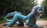 anthro big_breasts blue_body blue_fur blue_skin breasts female forest fur hair horn looking_at_viewer mythology nipples nude plant purple_eyes smile solo tree wool_(fur) dvinzet sisu_(ratld) dragon mythological_creature mythological_scalie scalie