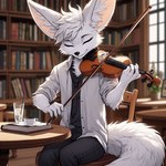 anthro canid canine clothing fennec fox fur library lucifluffy male mammal musical_instrument solo white_body white_fur wilek