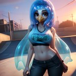 anthro beak belly_button blue_hair breasts clothed clothing cnidarian dakka female hair hi_res jellyfish looking_at_viewer marine medusozoan non-mammal_breasts outdoors portrait power_line pseudo_hair purple_eyes shirt skate_park solo sunset tank_top tentacle_hair tentacles three-quarter_portrait tilted_hips topwear torn_clothing translucent translucent_hair white_body