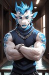 anthro blue_claws blue_clothing blue_eyebrows blue_eyes blue_hair blue_horn blue_mohawk blue_spikes blue_spots blue_sweater blue_tongue blue_topwear bottomwear chain_bracelet chain_necklace claws clothing crossed_arms eyebrows facial_markings facial_spikes front_view hair head_markings horn inside jaw_spikes jewelry looking_at_viewer male markings mohawk muscular necklace open_mouth pants sauna scales sleeveless solo spikes spikes_(anatomy) spots sweater tongue topwear two-tone_body white_body window adzyx3m_(director) adzyx3m dragon absurd_res hi_res portrait