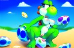 3_toes angry anthro blue_eyes bodily_fluids breasts crouching egg feet female genital_fluids genitals green_body lendri_mujina nipples nude open_mouth outside oviposition pussy pussy_juice scalie solo toes yoshi