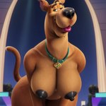 absurd_res anthro arm_under_breasts bent_over big_nose black_nipples blue_collar brown_body brown_fur canid canine canis collar domestic_dog female fur great_dane hi_res lips looking_at_viewer mammal mastiff molosser nipples scooby-doo solo sombreru thick_lips wide_hips