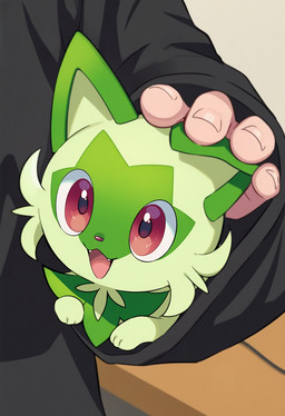ambiguous_gender duo fangs feral fur green_body green_fur happy open_mouth paws pink_eyes size_difference teeth tongue kaigamiaikemono nintendo pokemon felid feline generation_9_pokemon human mammal pokemon_(species) sprigatito 2025 hi_res