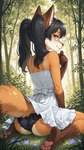 anthro black_hair butt clothing dress female forest]t hair kneeling lace_panties looking_back panties pigtails rear_view solo underwear white_clothing white_dress alina_braun canid canine fox mammal red_fox hi_res