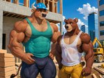 anthro bodily_fluids clothing construction_site male muscular nipples shirt solo sweat tank_top topwear cowfurmania bovid bovine mammal ursid hi_res