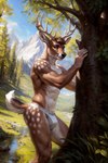 absurd_res anthro antlers athletic brown_body brown_fur brown_hair bulge canineluvr19 cervid chest_tuft clothed clothing creek digeri fur hair hi_res horn inner_ear_fluff jockstrap leaning leaning_forward looking_at_viewer male mammal mountain outside plant pose seductive short_hair side_view solo spots spotted_body spotted_fur topless tree tuft underwear