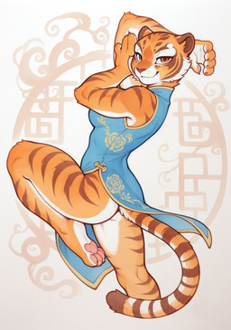 4_toes 5_fingers asian_clothing barefoot blue_clothing blue_dress bottomless breasts butt chinese_clothing chinese_dress claws clothed clothing countershading dancing dress east_asian_clothing facial_tuft feet female fingers fur looking_at_viewer markings multicolored_body multicolored_fur no_underwear orange_body orange_fur pawpads paws pink_pawpads pose raised_leg simple_background smile soles solo striped_body striped_fur striped_markings striped_tail stripes tail tail_markings toes tuft white_body white_fur verbotenvertex master_tigress felid mammal pantherine tiger absurd_res hi_res