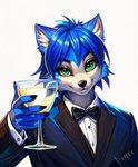 alcohol anthro beverage black_tie_(suit) blue_hair bowtie canid canine closed_smile clothed clothing female fox green_eyes hair hi_res krystal leonardo_dicaprio_toasting looking_at_viewer mammal meme simple_background solo suit the_great_gatsby vince_ai watermark white_background