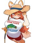 anthro big_breasts blush bottomwear breasts clothing female fishing fishing_rod fur hair hat headgear headwear long_hair one_eye_closed orange_hair pink_eyes shirt shorts simple_background solo standing straw_hat tan_body tan_fur text text_on_clothing topwear wavy_mouth white_background wheel_of_fortune ambiguous_species canid mammal english_text hi_res