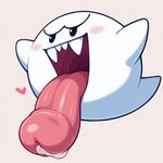 <3 blush blush_lines bodily_fluids cum fangs genital_fluids genitals leaking_cum male not_furry open_mouth open_smile penis penis_tongue precum red_penis red_tongue simple_background smile solo teeth tongue tongue_out unusual_anatomy unusual_genitalia_placement unusual_penis_placement white_body white_tail anonymous_director nintendo super_mario_bros boo_(mario) ghost spirit hi_res