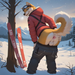 anus backsack balls blue_eyes bottomwear bottomwear_down breath butt clothed clothing countershading detailed_background eyewear eyewear_on_head forest fur genitals goggles goggles_on_head hand_on_butt looking_at_viewer looking_back looking_back_at_viewer male mountain multicolored_body multicolored_fur orange_body orange_fur outside pants pants_down partially_clothed perineum pink_anus plant presenting presenting_anus presenting_hindquarters raised_tail rear_view sky smile snow solo spread_anus spread_butt spreading standing tail topwear tree white_balls white_body white_fur yellow_body yellow_fur huskeyking canid canine canis domestic_dog mammal shiba_inu spitz hi_res