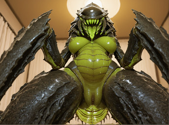 anthro belly black_body bodily_fluids breasts dripping exoskeleton female genital_fluids genitals green_body low-angle_view navel open_mouth pussy pussy_juice realistic saliva saliva_drip solo tongue purrfectlyai helldivers alien arthropod insect monster terminid absurd_res hi_res