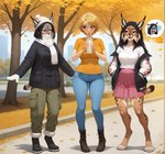 anthro autumn barefoot beverage blue_eyes boots bottomwear cargo_pants clothing container cup drinking ears_up falling_leaves feet female footwear gloves green_eyes group hand_in_pocket handwear hat headgear headwear orange_eyes outside pants plant pockets scarf skirt tree trio winter_clothing anonymous_director felid feline human lynx mammal hi_res