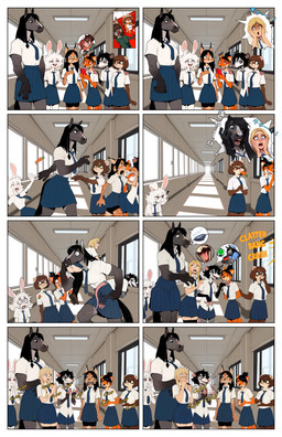 anthro barefoot blue_eyes bottomwear breasts carrot clothing eyewear feet female food glasses green_eyes grey_eyes group hair holding_object holding_phone inner_ear_fluff male necktie orange_eyes phone piercing plant pleated_skirt ponytail prick_ears red_eyes scar school school_hallway school_uniform skirt thought_bubble tuft uniform vegetable anonymous_director invoke_high american_opossum canid canine didelphid equid equine felid feline fox human lagomorph leporid mammal marsupial mouse murid murine rabbit rodent virginia_opossum absurd_res hi_res