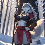 absurd_res anthro breasts canid canine canis female fluffy fluffy_tail forest fur grey_body grey_fur hair hi_res jewelry long_hair mammal melee_weapon necklace plant polearm snow solo spear tree viking viking_clothing warrior weapon winter wolf