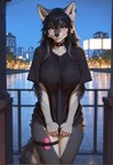 anthro black_hair black_nose blush cheek_tuft chest_tuft city city_background clothing clothing_pull collar crossed_legs ear_piercing ear_ring embarrassed facial_tuft female fluffy fluffy_tail fur green_eyes grey_body grey_fur hair inner_ear_fluff large_breasts leg_strap legs_together masturbation piercing ring_piercing sex_toy shirt shirt_pull smile solo spiked_collar spikes t-shirt teeth topwear topwear_pull tuft vibrating vibrator white_body white_fur ilmpbx aliona_(alionaaiarts) canid canine canis mammal wolf absurd_res hi_res signature
