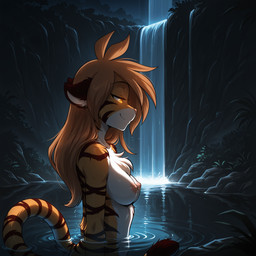 anthro breasts brown_hair chest_tuft female fur glowing glowing_eyes hair half-closed_eyes medium_breasts narrowed_eyes nature night nipples nude orange_body orange_eyes orange_fur outside partially_submerged pond prompt side_view smile solo tuft water waterfall white_body white_fur burntice twokinds flora_(twokinds) felid mammal pantherine tiger 2025 half-length_portrait hi_res portrait