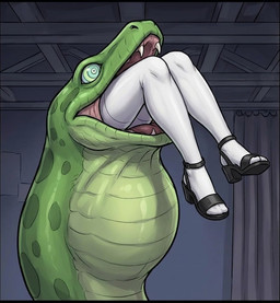 anthro black_clothing black_footwear black_shoes clothing duo eating fangs female feral footwear green_body green_scales high_heels hypnotic_eyes legwear male male/female oral_vore scales swallowing teeth thigh_highs ventral_scales vore white_clothing white_legwear white_thigh_highs stephanie_raccoon ambiguous_species reptile scalie snake