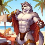 abs ambiguous_gender anthro armor beach bulge canid canine canis clothing domestic_dog duo feral male male_focus mammal muscular nipples parasol sand seaside solo_focus swimwear undressing water wolf zidanes123