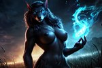 anthro areola big_breasts black_body black_fur blizzard_entertainment blue_eyes breasts canid canine female front_view fur kauket magic magic_user mammal nipples nude outside solo warcraft were werecanid werecanine worgen world_of_warcraft