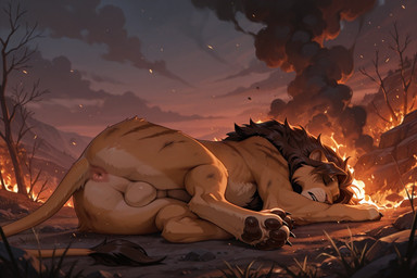 anus balls brown_body brown_fur debris dirty_fur eyes_closed feral fire fur genitals lying male mane on_side open_mouth pawpads paws savanna solo tail tail_tuft tuft unconscious kyranthos felid lion mammal pantherine