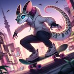 4_fingers ambiguous_gender anthro blue_eyes bottomwear city city_background clothing fingers footwear hoodie jacket long_tail pants shoes skateboard sneakers solo topwear avian bird gecko lizard reptile scalie
