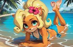 5_toes accessory anthro beach bikini blonde_hair clothing cloud day detailed_background feet female flower flower_in_hair hair hair_accessory humanoid_feet long_hair looking_at_viewer lying on_front palm_tree partially_submerged plant seaside smile smiling_at_viewer soles solo swimwear toes tree water anonymous_director crash_bandicoot_(series) coco_bandicoot mammal marsupial hi_res