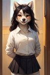 anthro black_hair bottomwear brown_eyes clothing female grey_bottomwear grey_clothing grey_skirt hair hands_behind_back legwear skirt smile solo thigh_highs white_blouse mindry shiori_(mindry) canid canine fox mammal swift_fox