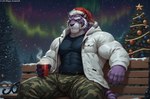 anthro bench black_sclera bottomwear camo clothing eyebrows fingers fur glowing jacket male muscular muscular_anthro muscular_arms muscular_male muscular_thighs pants park purple_body purple_fur relaxed sitting snow solo topwear zipper mugen_kuuhakuai mugen_kuuhaku felid mammal pantherine tiger hi_res