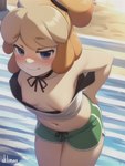 animal_crossing anthro beach blush bottomwear breasts canid clothing downblouse embarrassed female fur gym_bottomwear gym_clothing gym_shorts hands_on_hips hi_res high-angle_view isabelle_(animal_crossing) leaning leaning_forward looking_away mammal nipple_slip nipples sea seaside shirt shorts sklimaa small_breasts solo topwear voyeurism water yellow_body yellow_fur