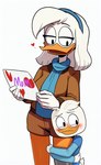 <3 accessory age_difference anatid anseriform anthro avian beak bird black_eyes blue_clothing blue_scarf blush bomber_jacket bottomwear brown_clothing clothing cloud9999 cybernetic_leg cybernetic_limb della_duck dewey_duck disney duck ducktales ducktales_(2017) duo embarrassed embrace eyebrows eyeliner female hair hair_accessory hairband half-closed_eyes hi_res jacket letter long_sleeves looking_away looking_down makeup male male/female mother mother_and_child mother_and_son narrowed_eyes open_mouth open_smile orange_legs parent parent_and_child portrait raised_eyebrows scarf scut_tail shirt short_tail shorts simple_background smile son text three-quarter_portrait topwear white_background white_body white_hair white_skin young