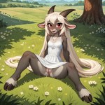 anthro big_eyes breasts clothed clothing clothing_lift digitigrade dress dress_lift female genitals grass hair hooves horn long_hair looking_at_viewer meadow open_mouth plant presenting presenting_pussy pussy red_eyes sitting slim small_breasts smile solo spread_legs spreading sundress tree white_hair wide_hips sagrael faye_(sagrael) bovid caprine goat mammal absurd_res hi_res