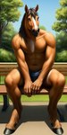 anthro athletic bench black_eyes black_hair black_mane black_nose bottomwear brown_body clothed clothing denim denim_clothing detailed_background equid equine feathering forest fur hair hoof horse looking_at_viewer male mammal mane navel nipples nr_union outside plant seductive shorts sitting sitting_on_bench solo topless topless_anthro topless_male tree