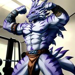 abs anthro balls bottomwear bulge clothing digimon_(species) flexing genitals gym hi_res loincloth male muscular muscular_male nipples pup_tobey solo weregarurumon