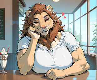 <3 anthro arm_support arm_tuft bedroom_eyes beverage biceps big_breasts blue_sky breasts brown_eyes brown_hair brown_mane cheek_tuft claws cleavage clothed clothed_anthro clothing container cup day dessert detailed_background elbow_tuft eyebrows eyelashes facial_tuft female finger_claws fingers food fruit fur furniture glistening grin hair head_on_hand inner_ear_fluff inside lips looking_at_viewer mane mane_hair milkshake muscular muscular_anthro muscular_arms muscular_female narrowed_eyes neck_tuft orange_eyes pawpads plant restaurant seductive shirt sky smile smiling_at_viewer solo strawberry table tan_body tan_fur teeth text topwear tuft white_clothing white_shirt white_topwear window lieutenant_chuck felid lion mammal pantherine english_text hi_res portrait