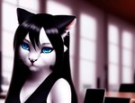 absurd_res anthro black_hair blue_eyes breasts cleavage clothed clothing detailed detailed_fur domestic_cat felid feline felis female fur hair hi_res mammal rickwolfv solo white_body white_fur