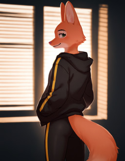 anthro black_clothing black_topwear blurred_background bottomwear butt clothed clothing eyebrows eyelashes female fully_clothed fur green_eyes hand_in_pocket hoodie inside looking_at_viewer looking_back looking_back_at_viewer orange_body orange_fur pants pink_nose pockets rear_view smile solo standing tail topwear tuft window hank94_(director) the_bad_guys diane_foxington canid canine fox mammal absurd_res hi_res