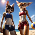 anthro argon-42 beach black_nose blonde_hair blue_clothing blue_sky bottomwear breasts brown_eyes brown_hair canid canine clothed clothing cloud detailed duo ear_tuft female fennec fox fur hair hi_res holding_object inner_ear_fluff looking_away low-angle_view mammal midriff navel portrait realistic red_clothing sand sea seaside shorts skimpy sky sport sportswear standing sun sunny tan_body tan_fur three-quarter_portrait topwear tuft volleyball water