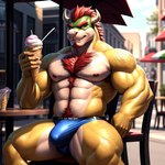 absurd_res anthro body_hair bowser bulge chest_hair clothing dessert food hi_res ice_cream male nipples outdoors pecs pup_tobey scalie seductive sitting solo speedo swimwear