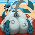 anus balls big_balls blue_pawpads cock_vore eyewear feral genitals huge_balls hyper hyper_balls hyper_genitalia male pawpads penile penis puffy_anus rear_view solo sunglasses vore thedavid nintendo pokemon eeveelution generation_4_pokemon glaceon pokemon_(species) hi_res