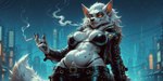 anthro big_breasts bottomwear bra breasts cigarette city city_background clothing curvy_figure cyberpunk fangs female fluffy fluffy_body fluffy_tail fur jacket leather leather_bottomwear leather_clothing leather_jacket leather_topwear low-angle_view neck_tuft night slightly_chubby smoking smug solo topwear tuft underwear white_body white_fur wolf_ears wolf_tail yellow_eyes slingsting canid canine canis mammal wolf hi_res