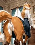 anus black_nose blonde_hair blue_clothing bottomless bottomless_taur bottomwear breasts brown_body brown_fur butt casual_exposure clothed clothing countershading curtains detailed_background dipstick_tail eyebrows female fur furgonomics genitals gloves_(marking) hair inner_ear_fluff innie_pussy inside lamp leg_markings long_hair looking_at_viewer looking_back looking_back_at_viewer low-angle_view markings multicolored_body multicolored_fur no_underwear orange_body orange_fur pattern_bottomwear pattern_clothing pattern_skirt plaid plaid_bottomwear plaid_clothing plaid_skirt presenting presenting_hindquarters presenting_pussy pussy quadruped raised_tail rear_view seductive shirt skirt smile socks_(marking) solo tail tail_anus tail_markings topwear tuft upskirt white_body white_clothing white_fur white_shirt white_topwear window yellow_eyes anonymous_director canid canid_taur canine canine_taur fox fox_taur mammal mammal_taur taur hi_res