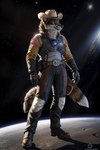 anthro canid canine canis clothing cowboy_hat coyote hat headgear headwear hi_res looking_at_viewer male mammal moon smile solo space spacesuit