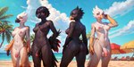 absurd_res anthro avian balls beach beak bird black_body black_feathers blush breasts butt feathers flaccid gemuseachmed genitals group gynomorph hi_res intersex nipples penis saggy_balls seaside white_body white_feathers