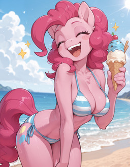 anthro anthrofied beach bikini blue_sky blush blush_stickers breasts cherry cleavage clothed clothing cloud cutie_mark dessert emanata eyes_closed female food fruit fur hair happy ice_cream leaning leaning_forward light open_mouth outside pattern_bikini pattern_clothing pattern_swimwear pink_body pink_fur pink_hair plant sea seaside sky solo striped_bikini striped_clothing striped_swimwear stripes sunlight swimwear upper_teeth_only water anonymous_director friendship_is_magic my_little_pony pinkie_pie_(mlp) equid equine horse mammal pony hi_res portrait three-quarter_portrait