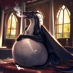 after_vore belly big_belly black_body black_scales burping castle claws day eyes_closed feral gold_markings horn inside looking_pleasured male markings moon motion_lines scales smoke_from_mouth solo vore wings loganth dragon