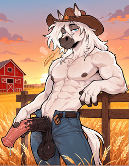 abs animal_genitalia animal_penis anthro balls balls_out barn bedroom_eyes belt biceps big_balls big_penis biped blue_eyes bodily_fluids bottomwear casual_exposure clothed clothing cloud cowboy_hat denim denim_bottomwear denim_clothing dripping equine_genitalia equine_penis erection fence fingers flared_penis fur genital_fluids genitals hair hat hay headgear headwear jeans leaking_precum leaning_on_railing looking_at_viewer male medial_ring muscular muscular_anthro muscular_male musk musk_clouds musky_balls narrowed_eyes navel nipples obliques open_bottomwear open_clothing open_pants outside pants pecs penis plant precum precum_drip precum_string presenting presenting_balls presenting_penis saggy_balls scrotum_flap seductive serratus sheath shirtless_anthro shirtless_male sky smile solo standing sunset sweat sweaty_body tail topless topless_anthro topless_male tuft unzipped vein veiny_penis wheat white_body white_fur white_hair unknown_director equid equine horse mammal hi_res