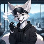 anthro canid canine cigarette clothing detailed_background fennec fox fur grey_eyes lucifluffy male mammal solo techwear white_body white_fur wilek